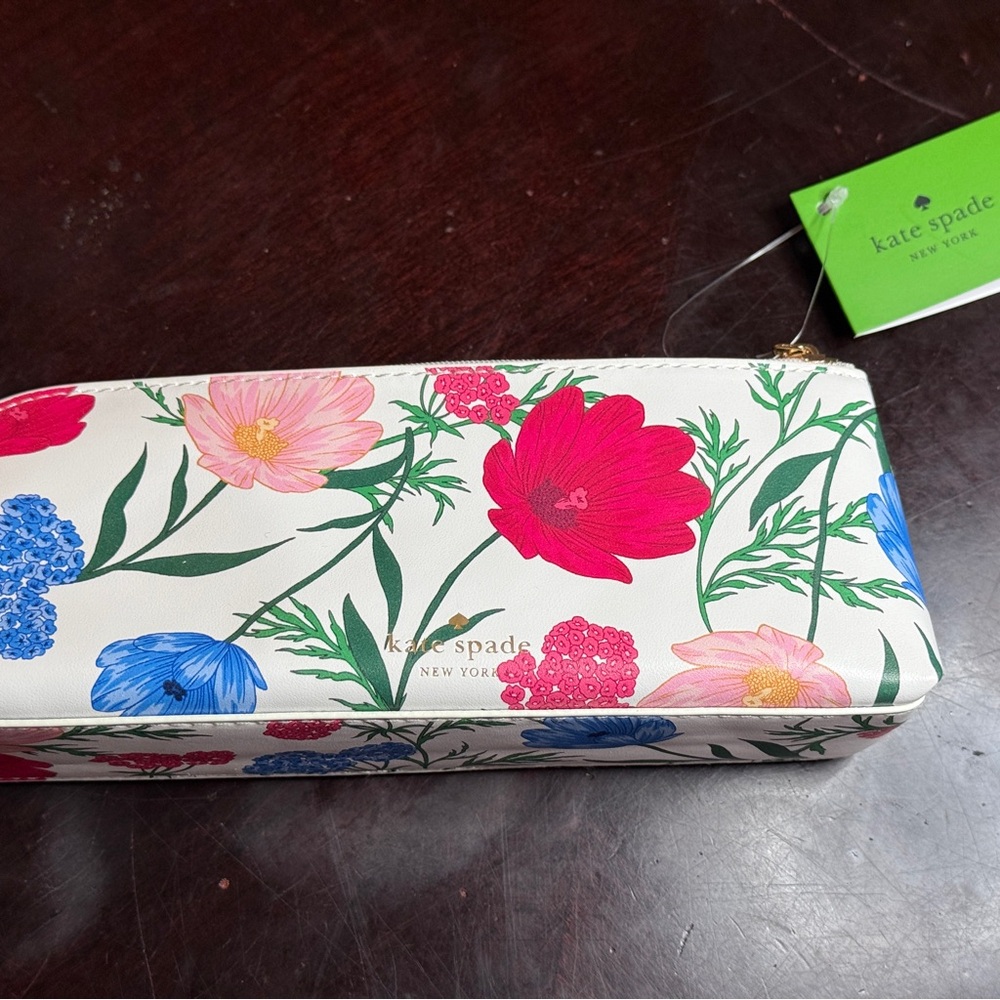 kate spade Floral Zip Pencil case in Cream with Pink & Blue Blooms
